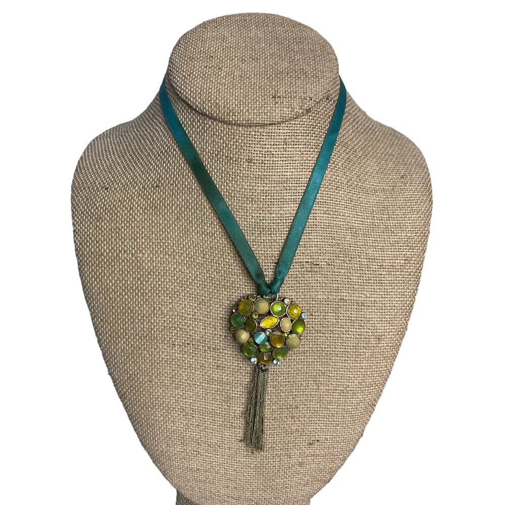 Multi Colored Rhinestone Pendant Tassel Chain Dangle Teal Silk Choker Necklace